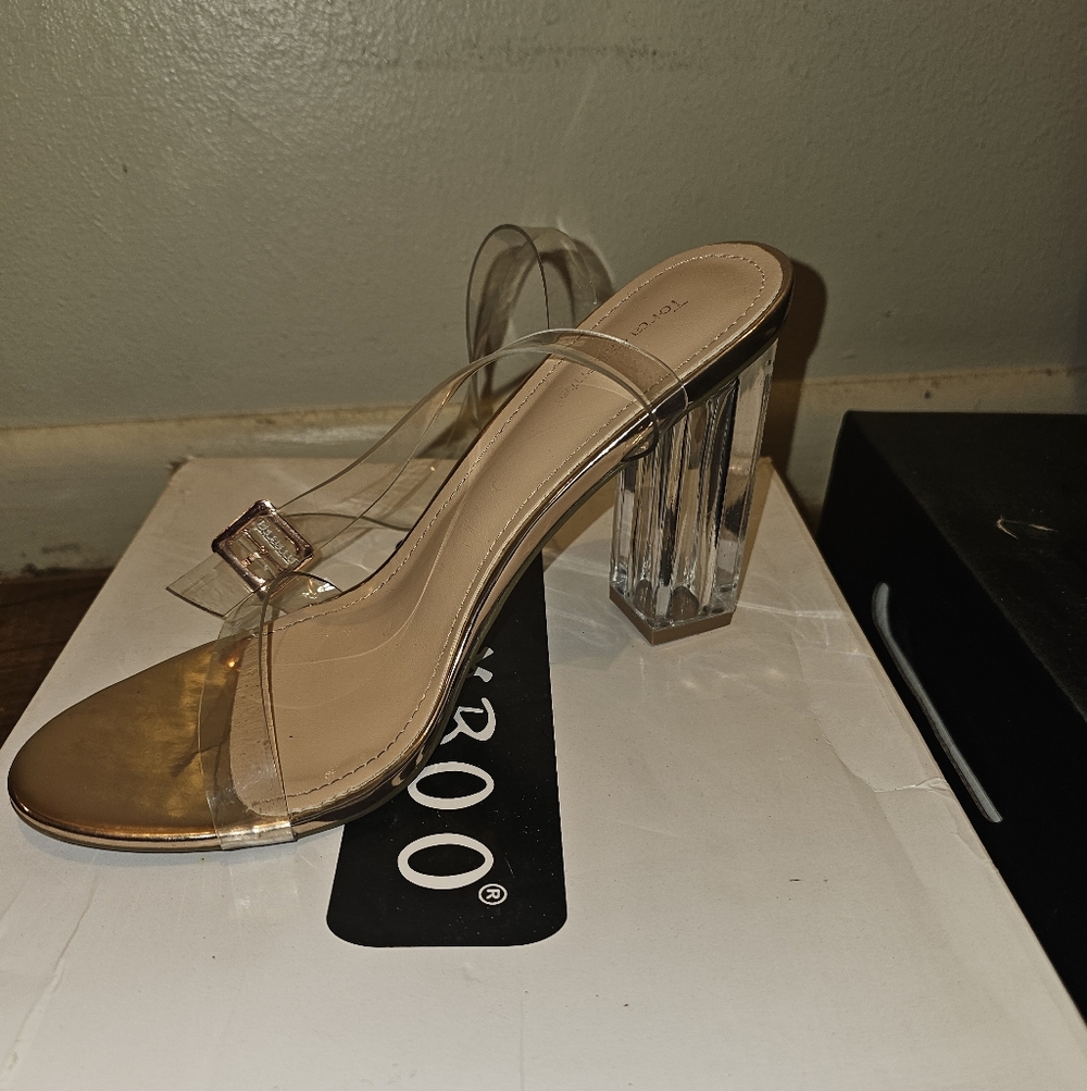 Zara Gold and Clear Block Heel Sandals
